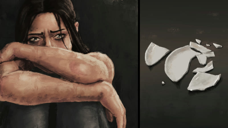 The mother sits with her arms wrapped around her knees beside a smashed plate, in Little Kite